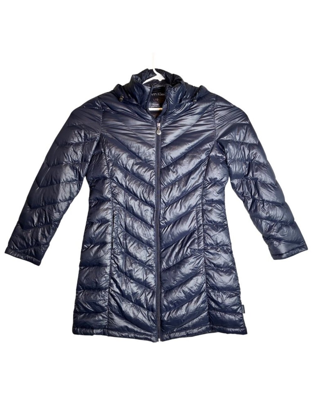 Calvin Klein Womens Packable Lightweight Down Puffer Coat With Hood Navy Large